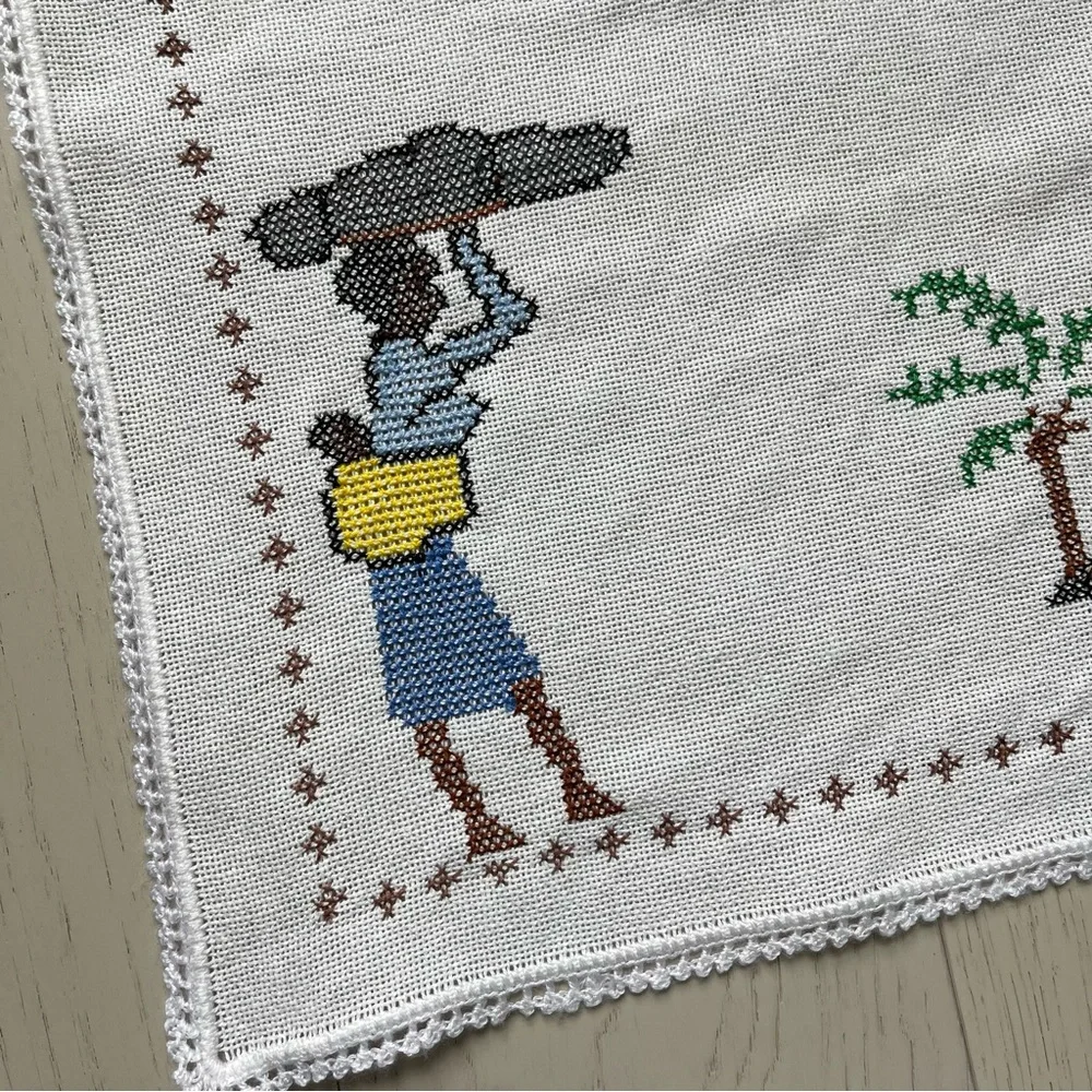 Vintage linen textile tea towel cloth embroidered mother and child cross stitch